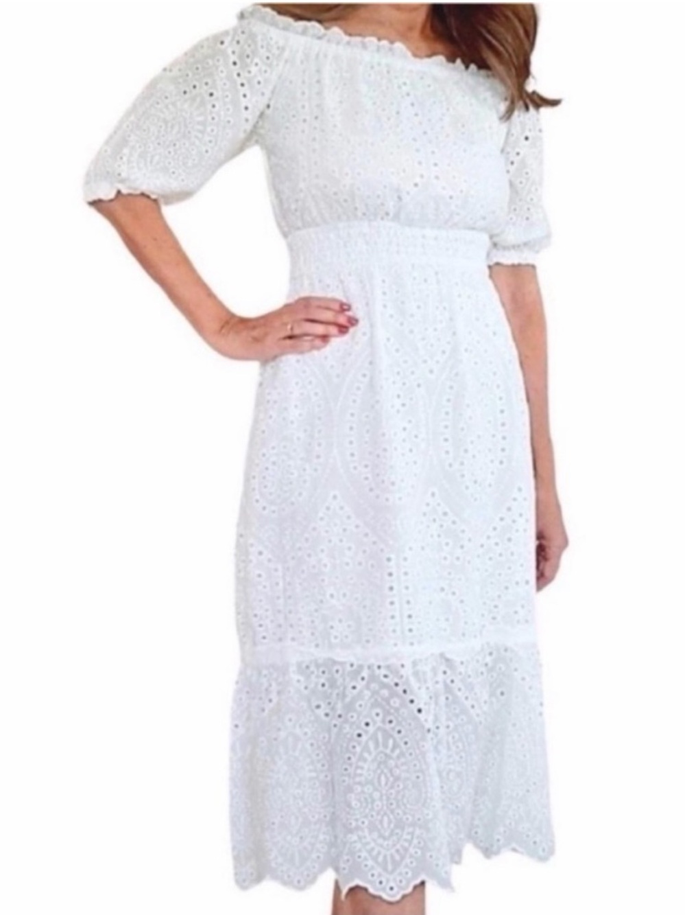 Betsey Johnson White Eyelet Off-Shoulder Midi Dress